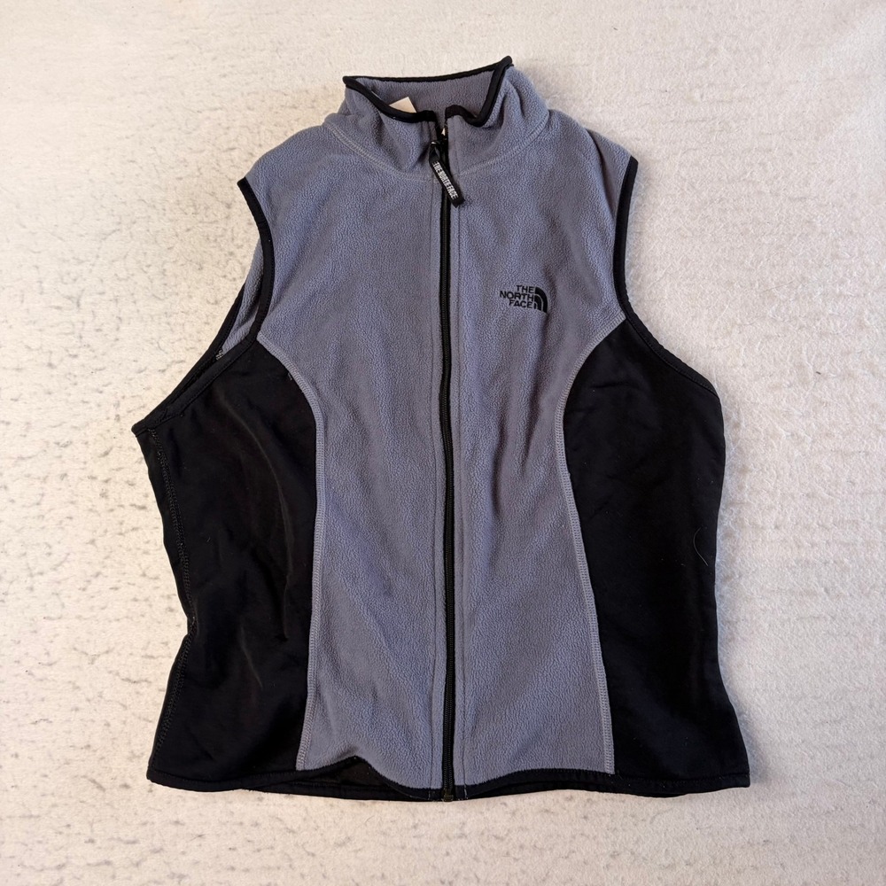 The North Face Fleece Vest Women XL Gray Black Full Zip Mock Neck Rear Pocket